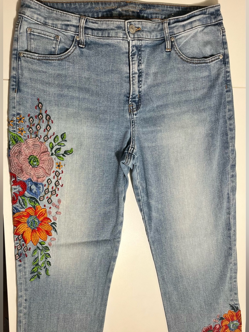 CHICO’S Light Blue Straight-Leg Jeans with Pink & Orange Floral Embroidery